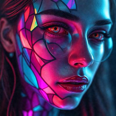 The primary subject of the image is a woman with a unique and artistic appearance. She has a face painted with a design that resembles a spider web, giving her a striking and creative look. The setting is a dark room, which adds to the overall mood of the image. The visual style is a combination of digital art and illustration, creating a striking and eye-catching portrait. The colors used in the image are predominantly pink and blue, which contribute to the overall atmosphere and aesthetic